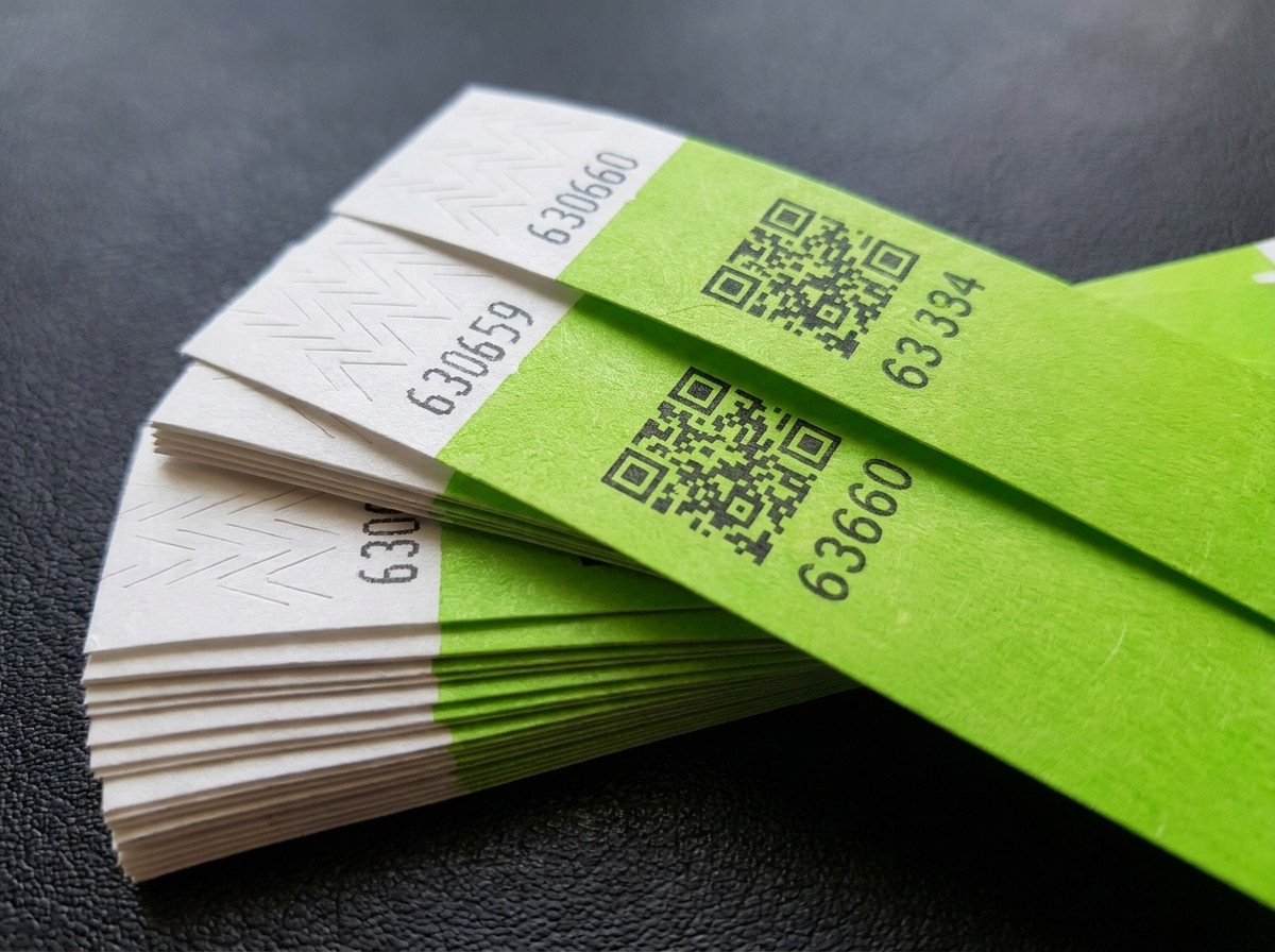Pino personalisoituja Tyvek-rannekketa QR-koodilla ja juoksevalla numeroinnilla, siirtoa estävä sulkija näkyvissä