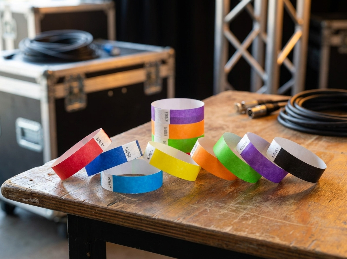 Monivärinen valikoima backstage-konserttirannekkeita aseteltuna lavatekniselle tuotantopöydälle
