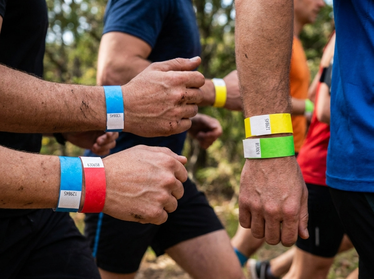 Juoksijat kantavat värillisiä Tyvek-rannekkeitaan maratonilla, vapaaehtoisten tarkistaessa kategoriavärjä huoltopisteellä