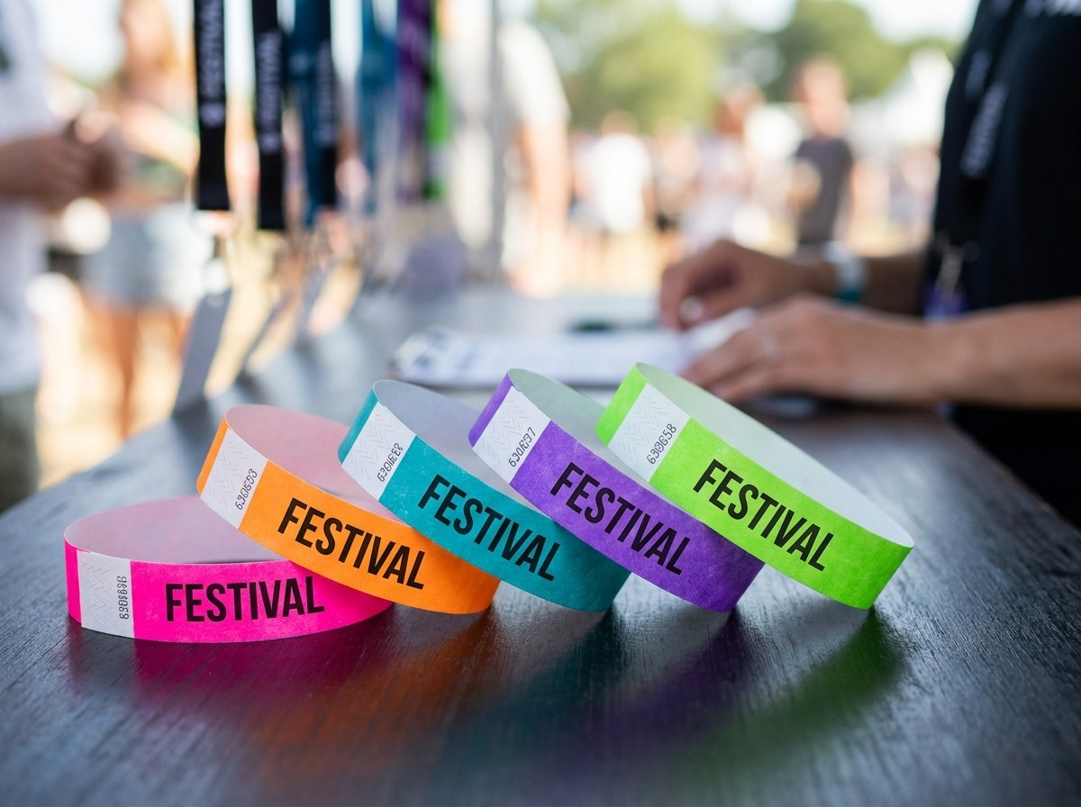 Henkilökohtaiset moniväriset Tyvek-festivaalirannekeet HD-painatuksella ja siirtymänesteellä, tapahtuman ohjauspöydällä