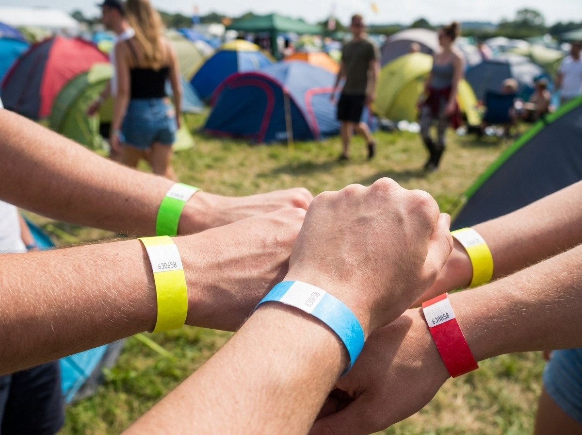 Värilliset tunnistusrannekkeet festivaalikävijöiden ranteissa ulkofestivaalin leirintäalueen edessä, teltat taustalla