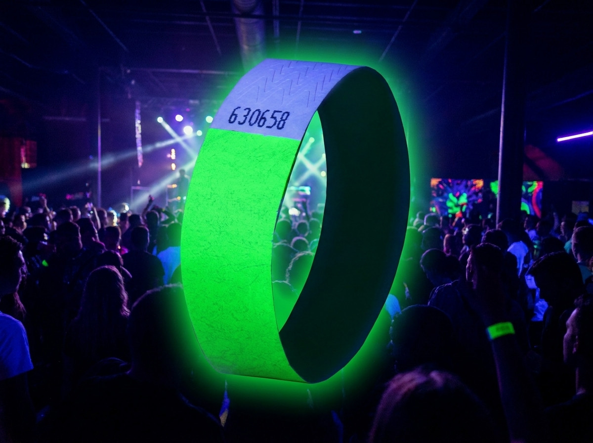 Fluoresoivat Tyvek-rannekkeet elektroniselle festivaalille mustavalossa, logo ja QR-koodi terävästi painettuina