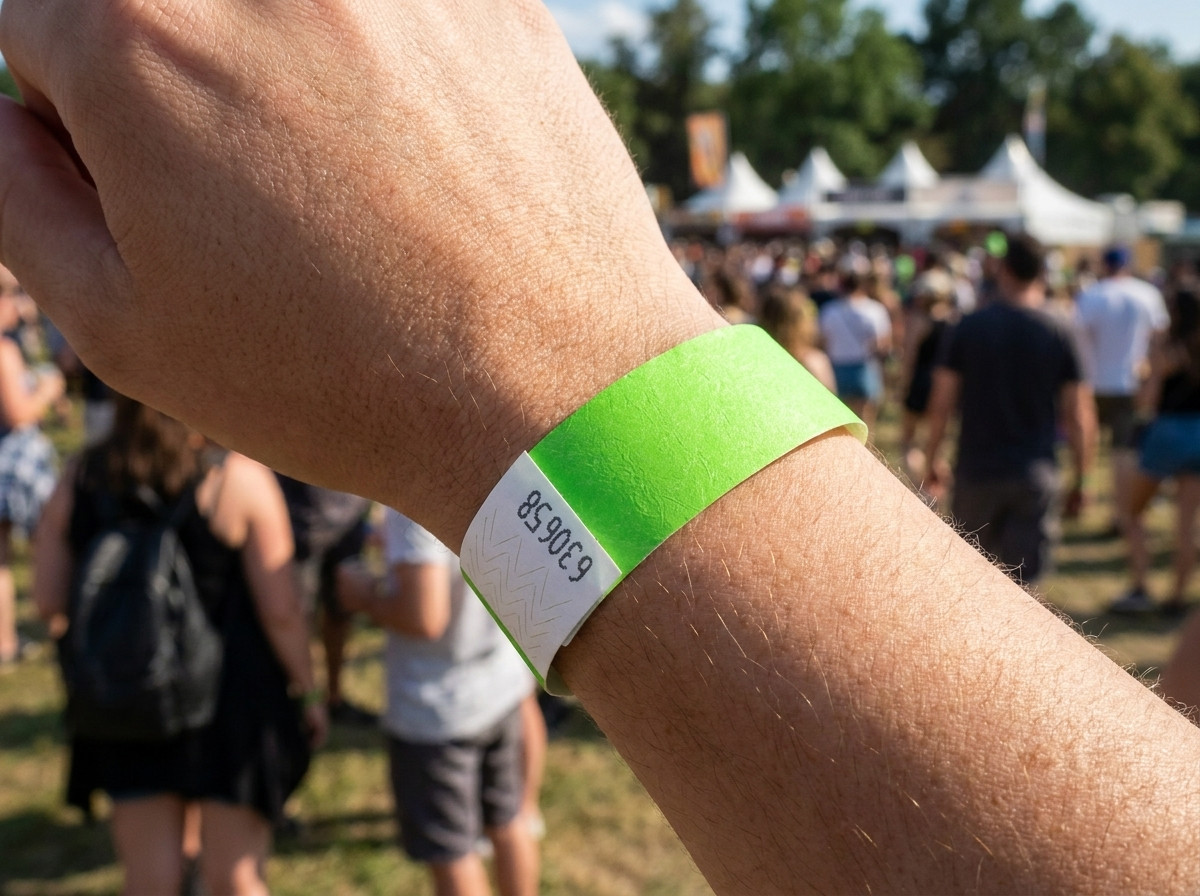 PVC-vinyyliranneке teräväpiirtoon painetulla valokuvalla, kannettuna ranteessa ulkoilmafestivaalilla