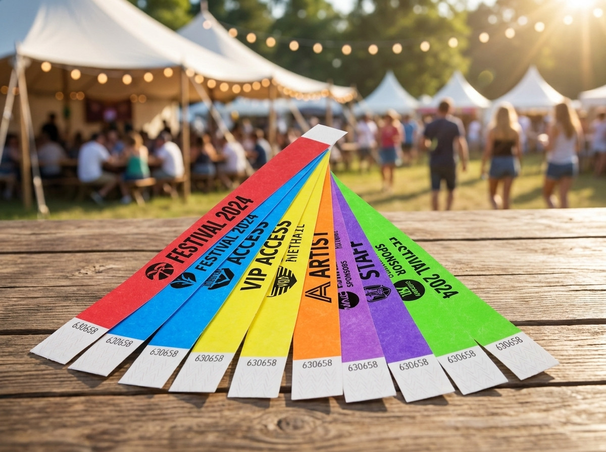 Logolla ja tekstillä personoidut värikkäät Tyvek-rannekkeet festivaalia varten