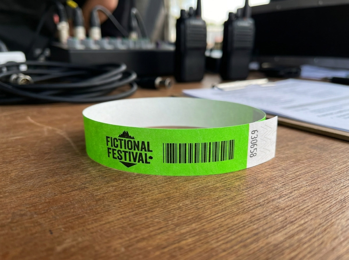 Lähikuva valkoisesta paperirannekkeesta, jossa on painettu logo kiinnitettynä ranteeseen