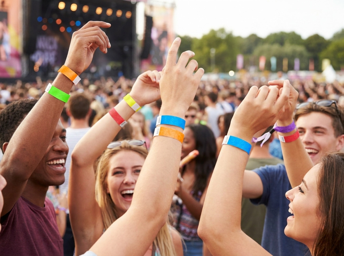Värikkäät Tyvek-rannekeet festivaalikävijöiden ranteissa ulkoilmakonsertissa, havainnollistaen niiden kestävyyttä ja mukavuutta