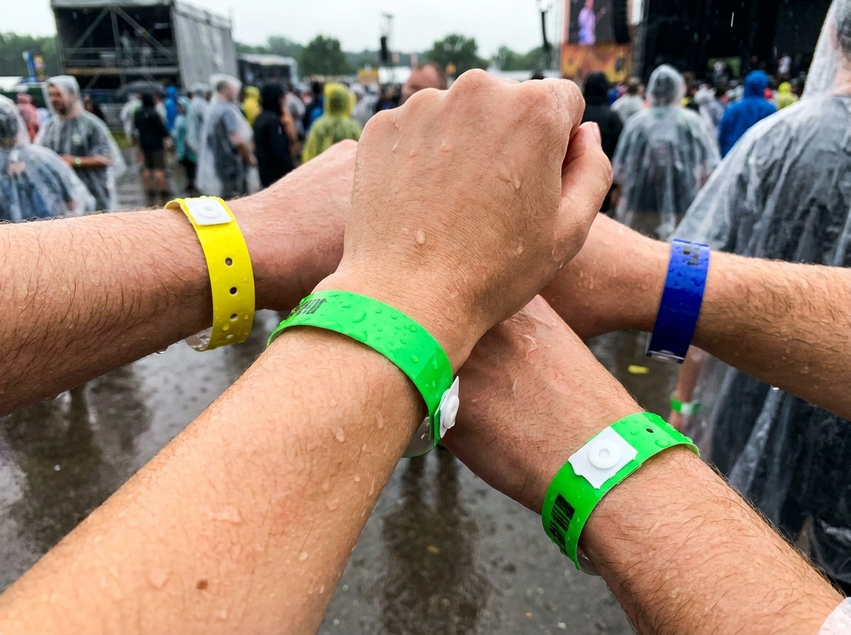 Värikästä vinyyli-PVC-ranneketta ranteessa monipäiväisellä festivaalilla sateessa